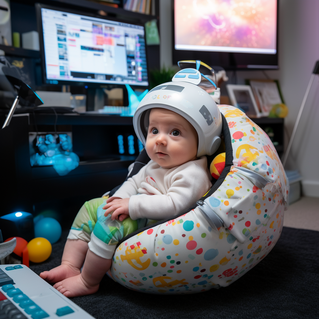 Adorable baby in onesie solving programming puzzles