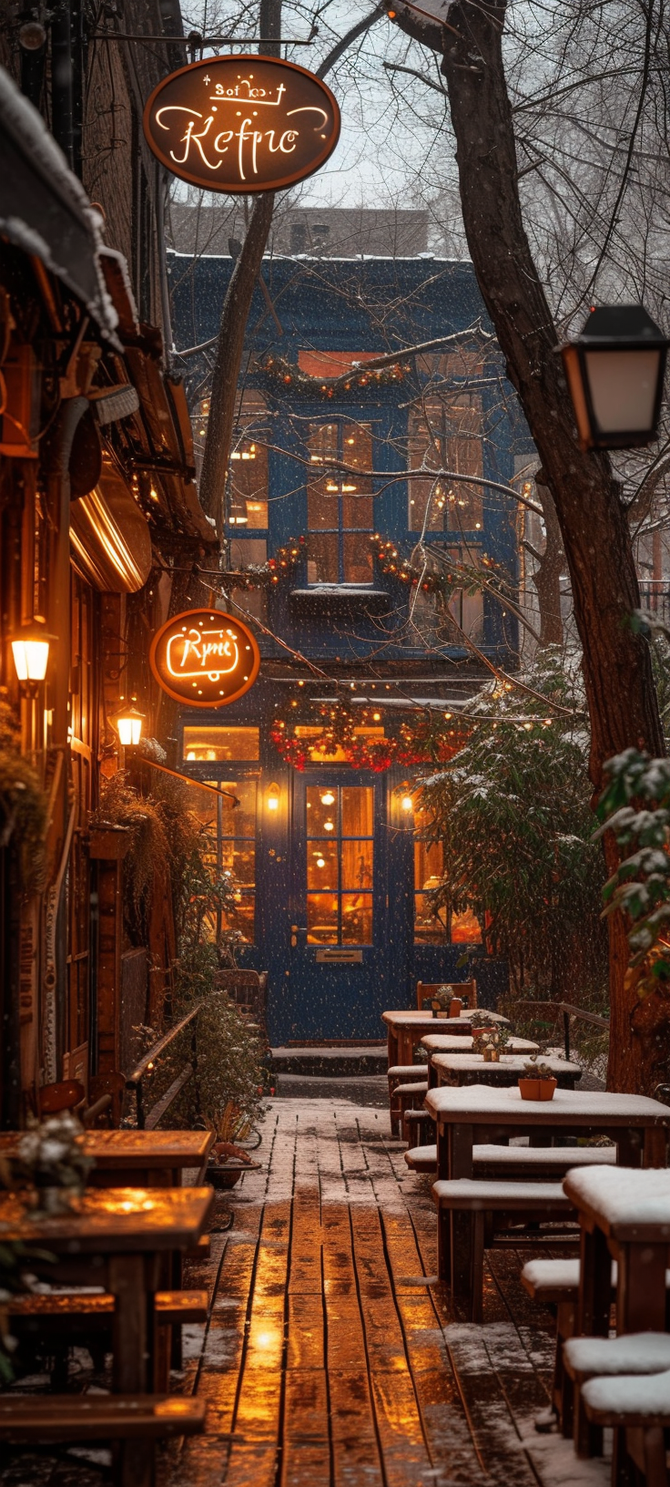 Cozy Empty Cafe on Snowy Day