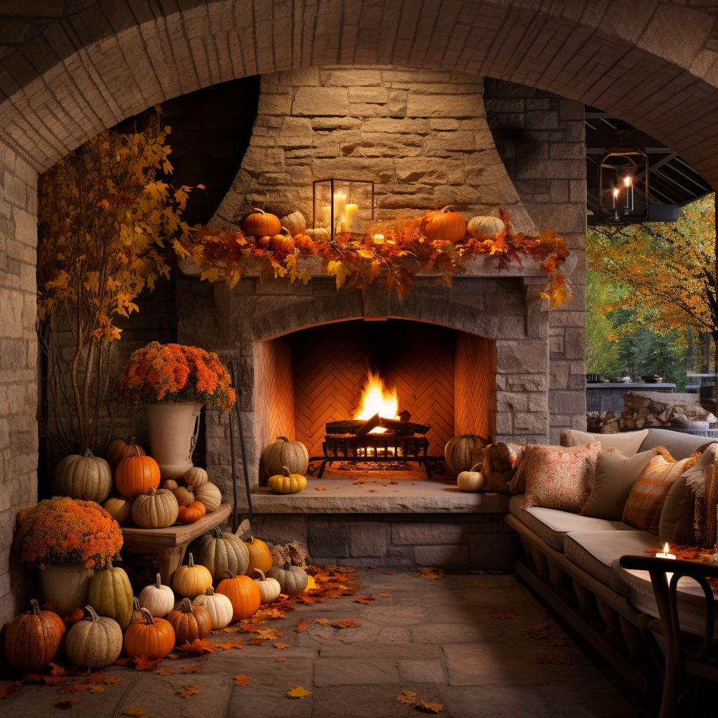 Cozy fall fireplace with pumpkins and leaves