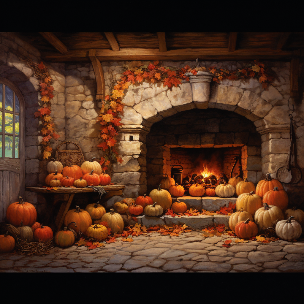 Cozy fall fireplace with pumpkins, leaves, and candles