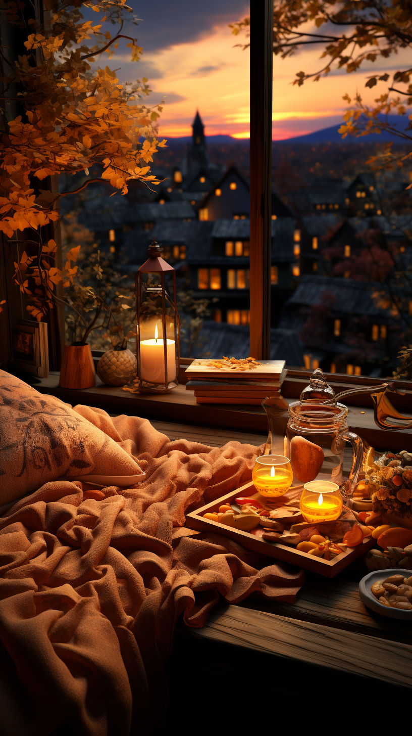 Vibrant Cozy Fall Scene with Volumetric Lighting