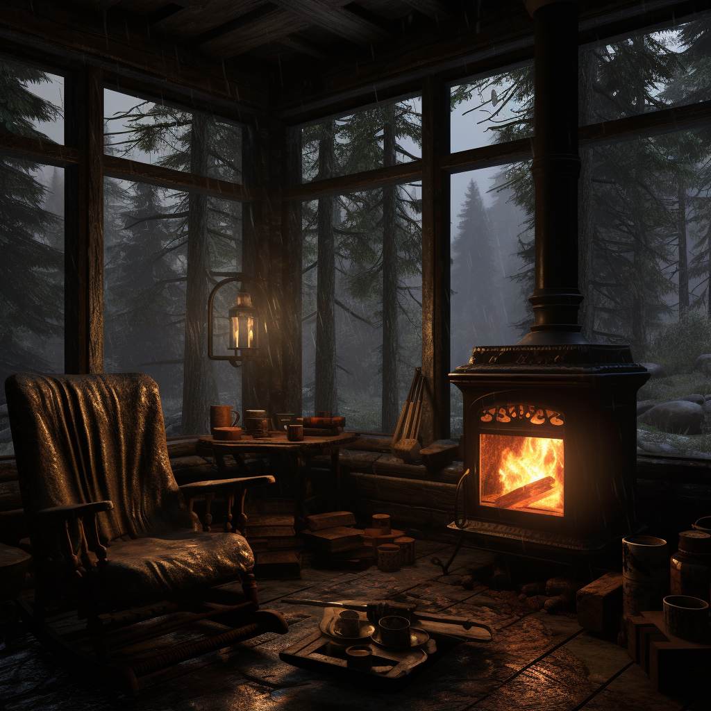 Cozy Fireplace Lost Cabin Woods