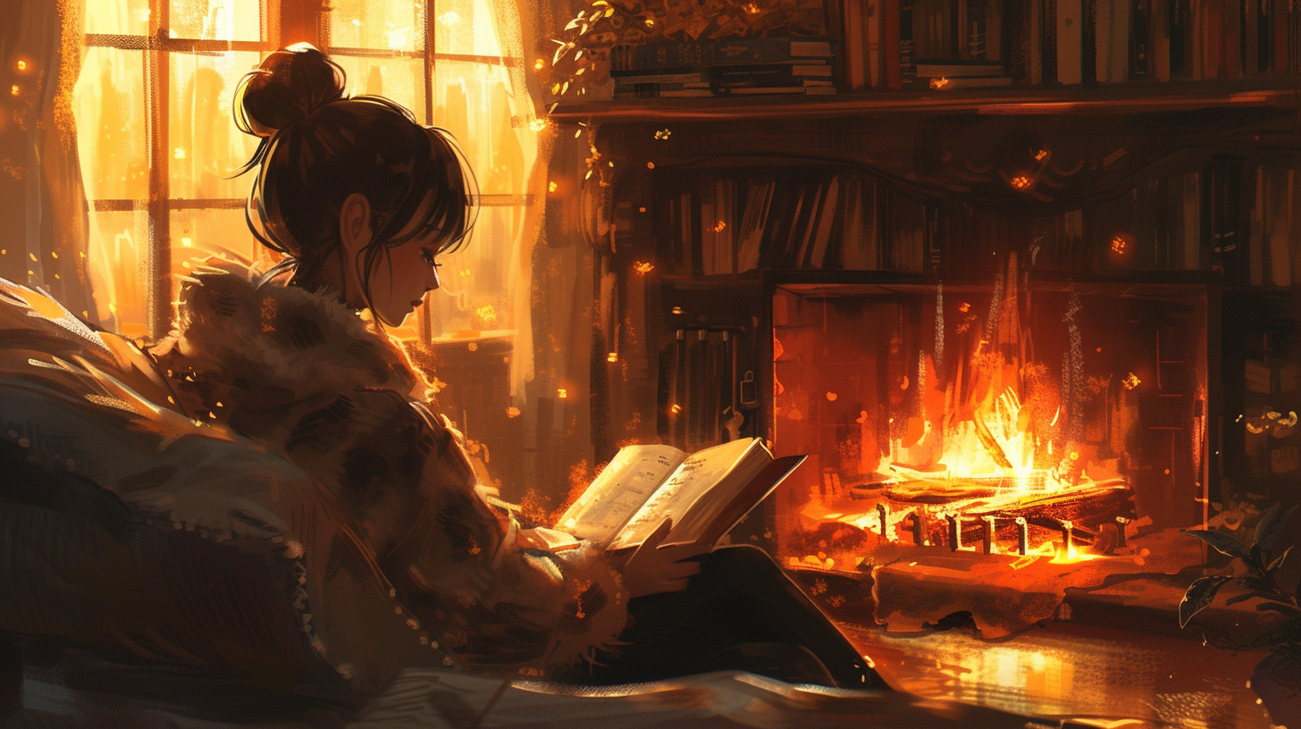 girl reading book by fireplace