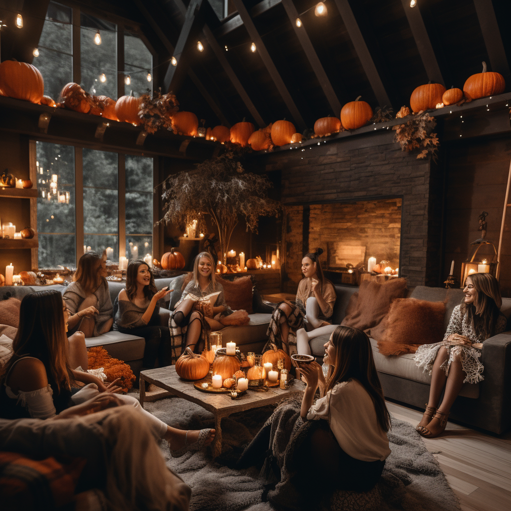 Friends Enjoying Cozy Halloween Fireplace Night