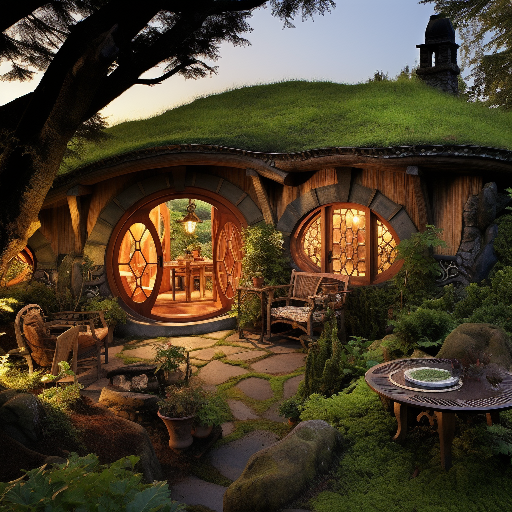 Cozy Hobbit home at night