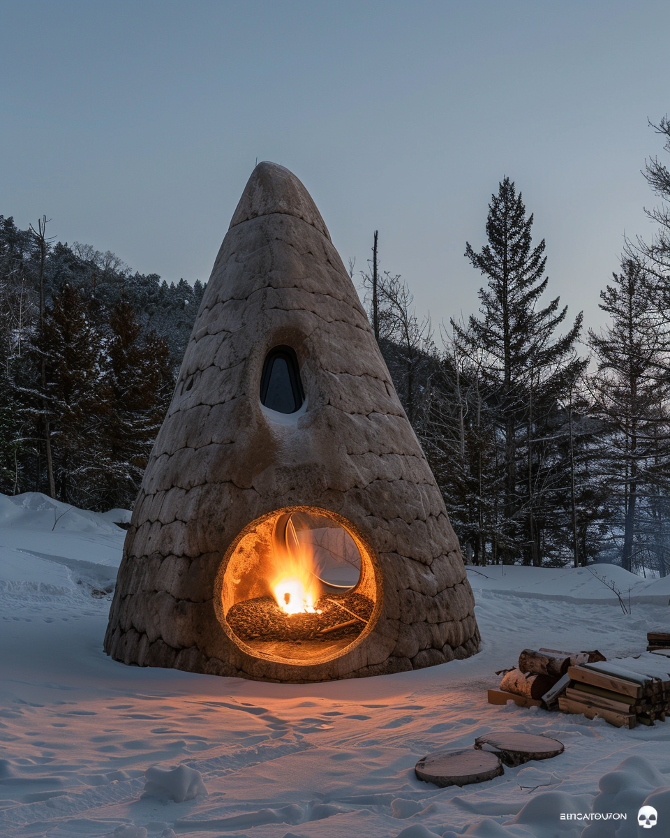 small iglu cabin with fire