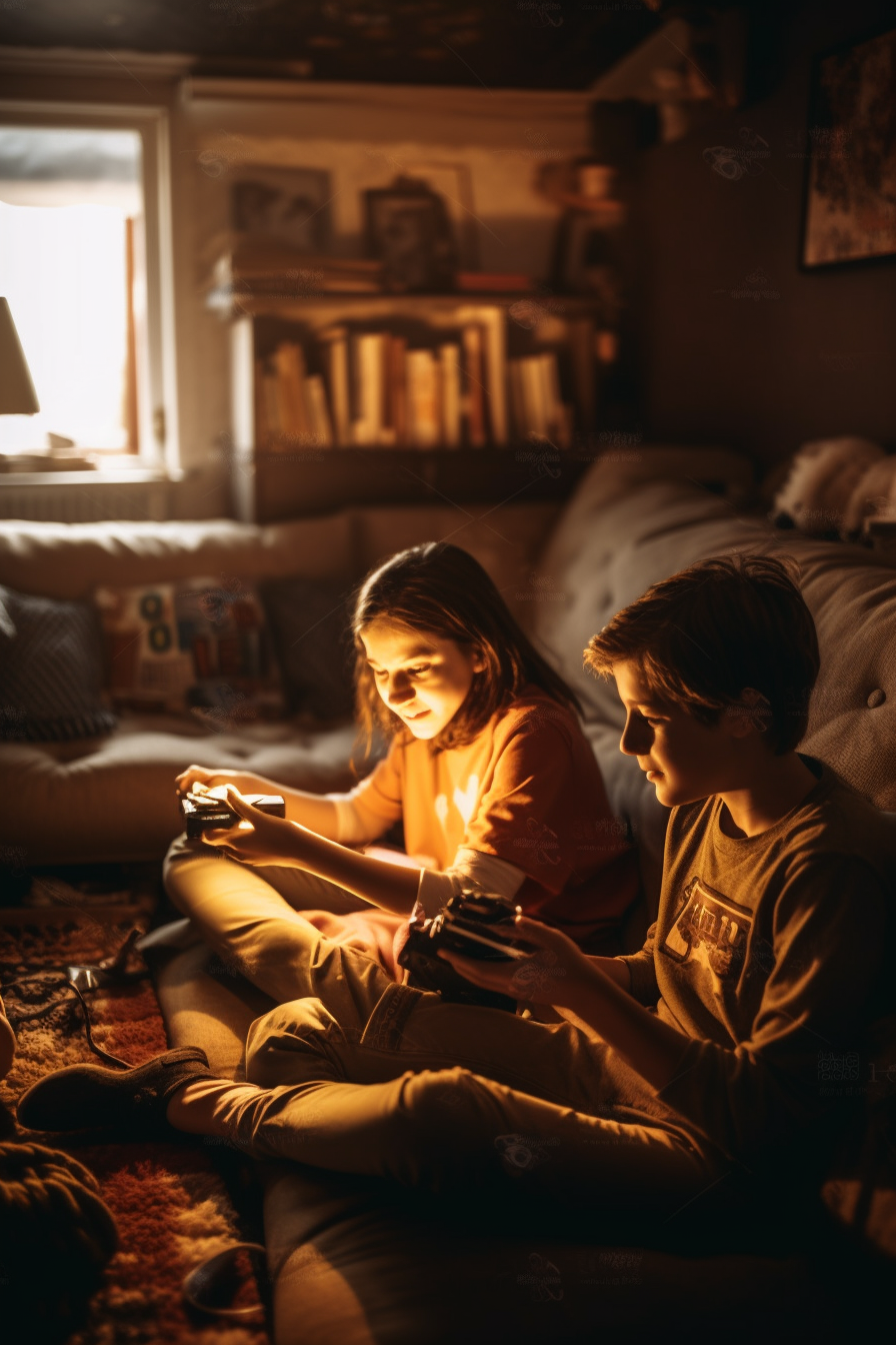 Smiling family playing video game on cozy couch