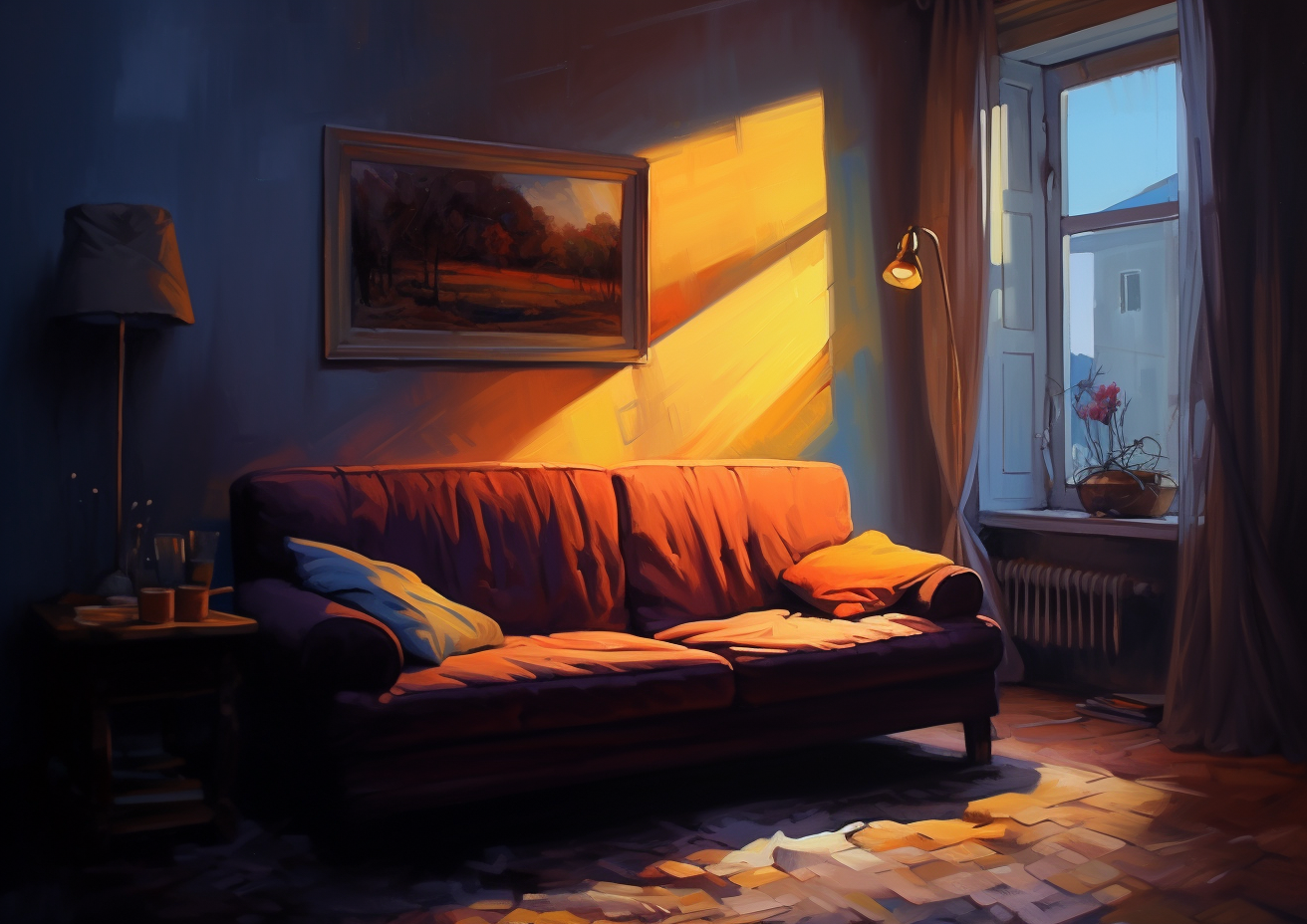 Cozy interior painting with dramatic lighting and shadowplay