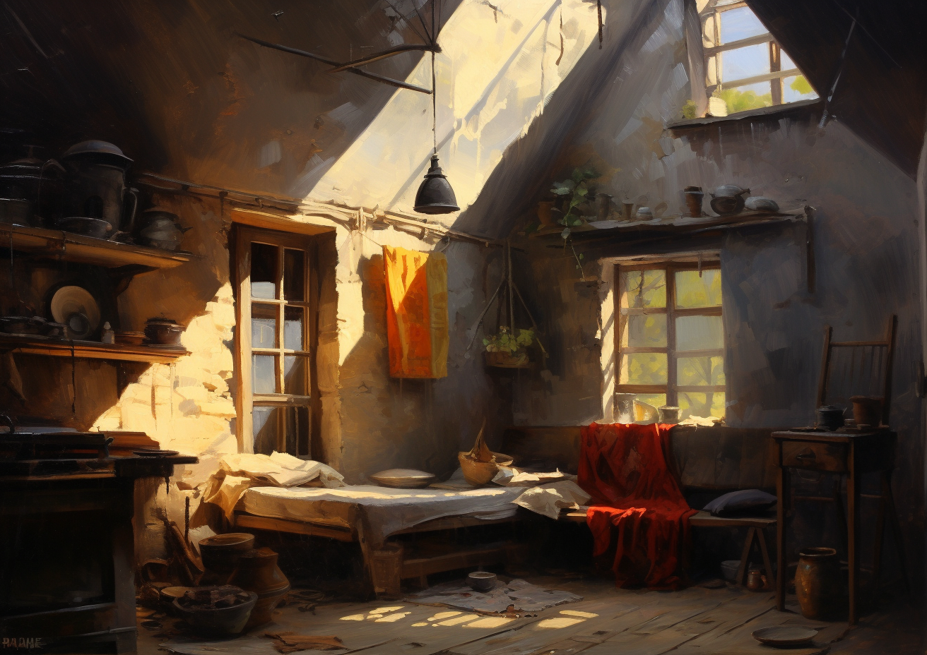 Cozy Interior Painting with Dramatic Lighting