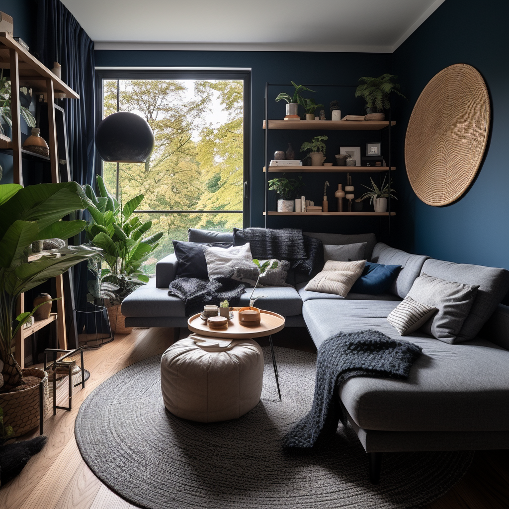 Cozy living room with dark blue walls