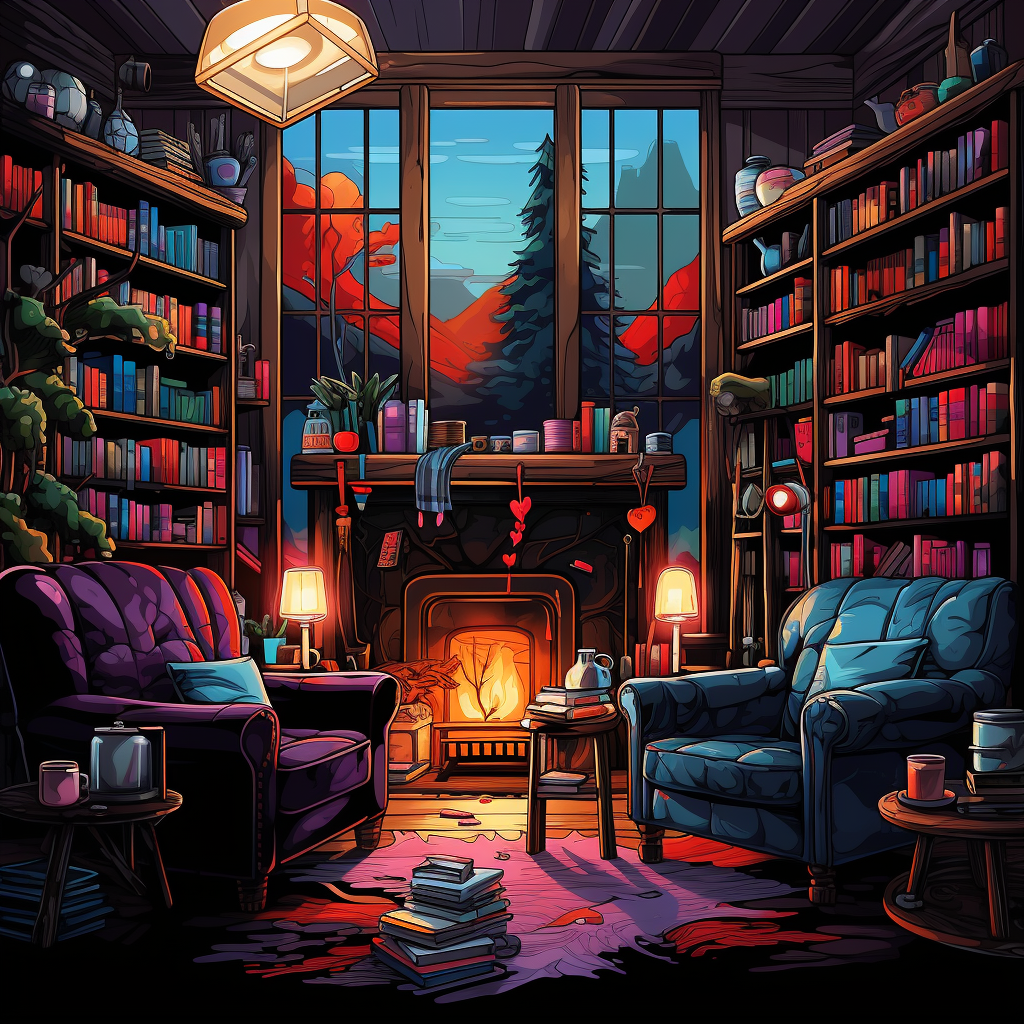 Cozy living room with fireplace, armchairs, and books.