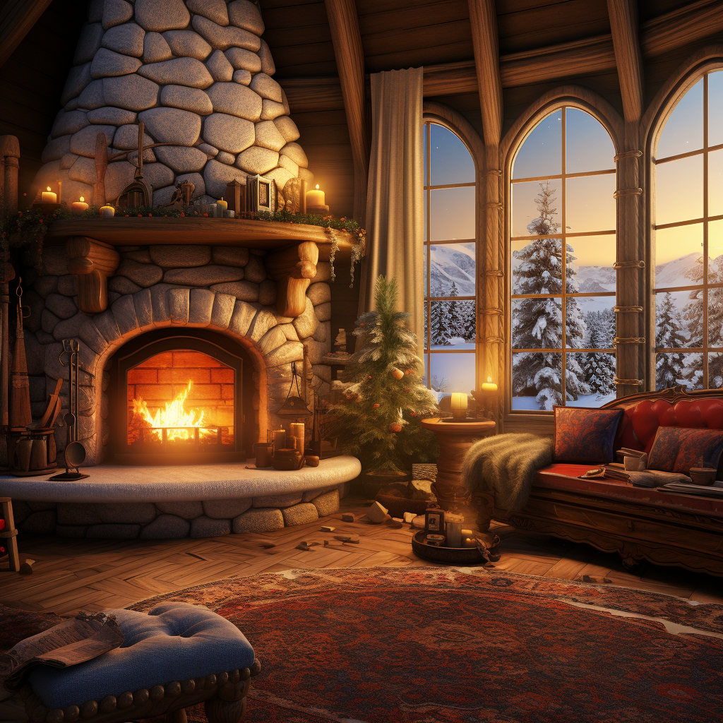 Cozy living room with fireplace and snow through the window