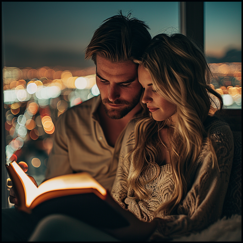 Young Couple Reading Bible in Cozy Living Room