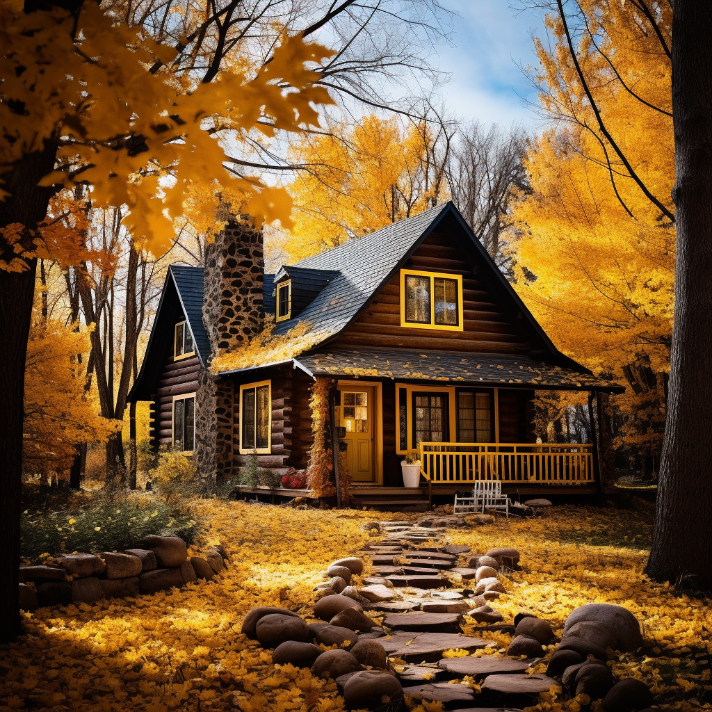 Cozy log cabin surrounded by autumn trees