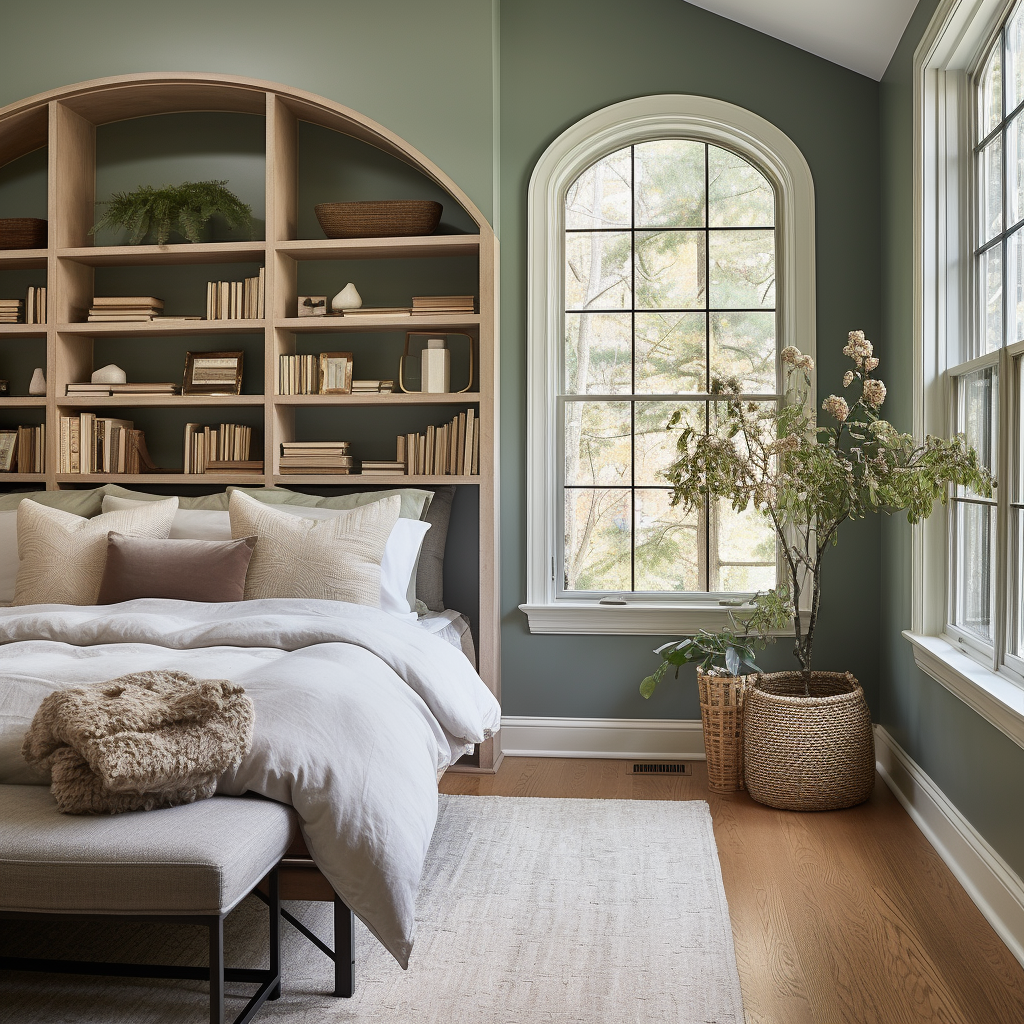 Cozy master bedroom with bookcases