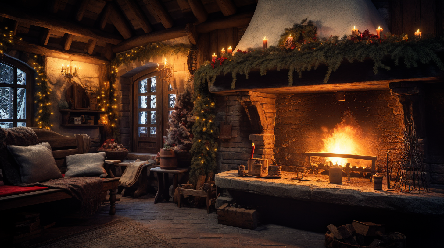 Interior of cozy medieval cottage at Christmas