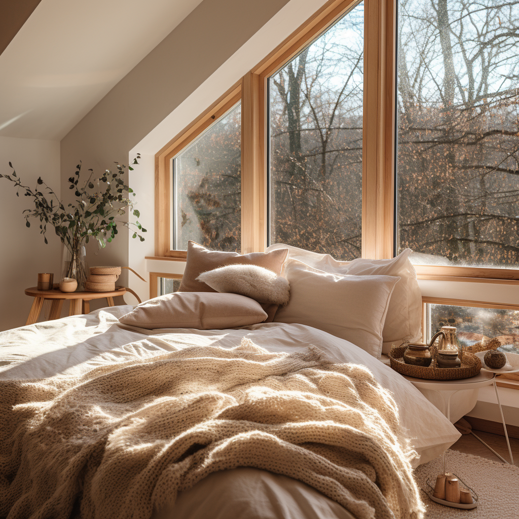 Cozy Scandinavian winter cottage interior with blankets and pillows