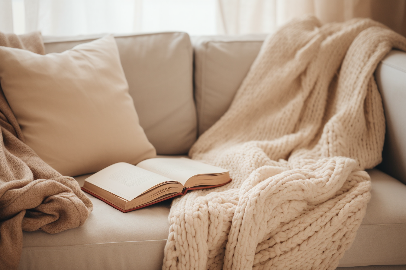 Cozy neutral blanket on beige couch