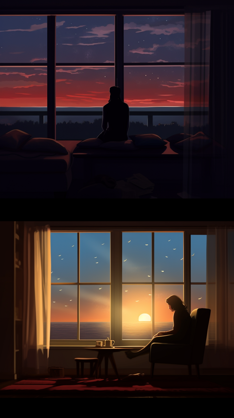 Couple silhouettes on video call at cozy night scene