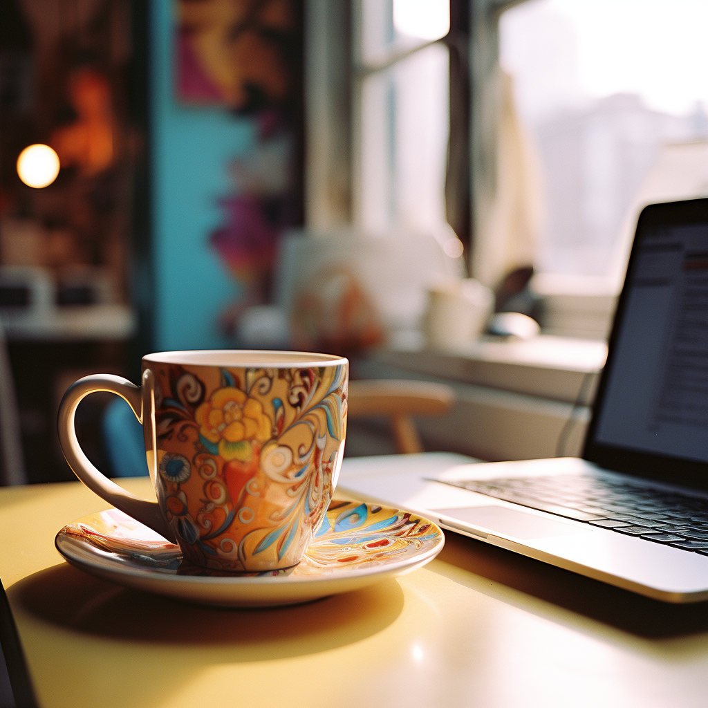 Cozy office with coffee and laptop