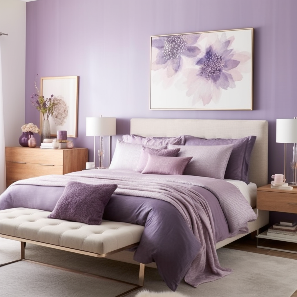 Cozy purple bedroom scene with inviting ambiance