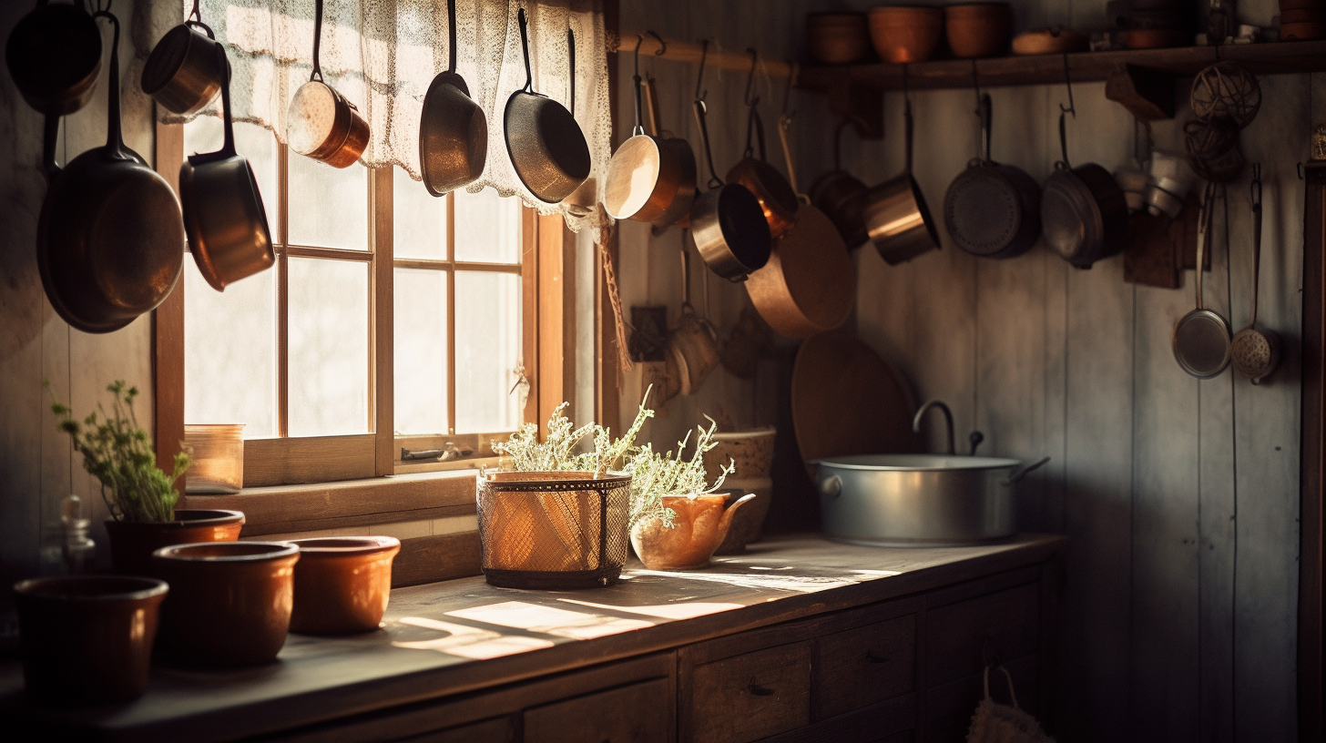 Cozy Rustic Kitchen with Vintage Copper Pots