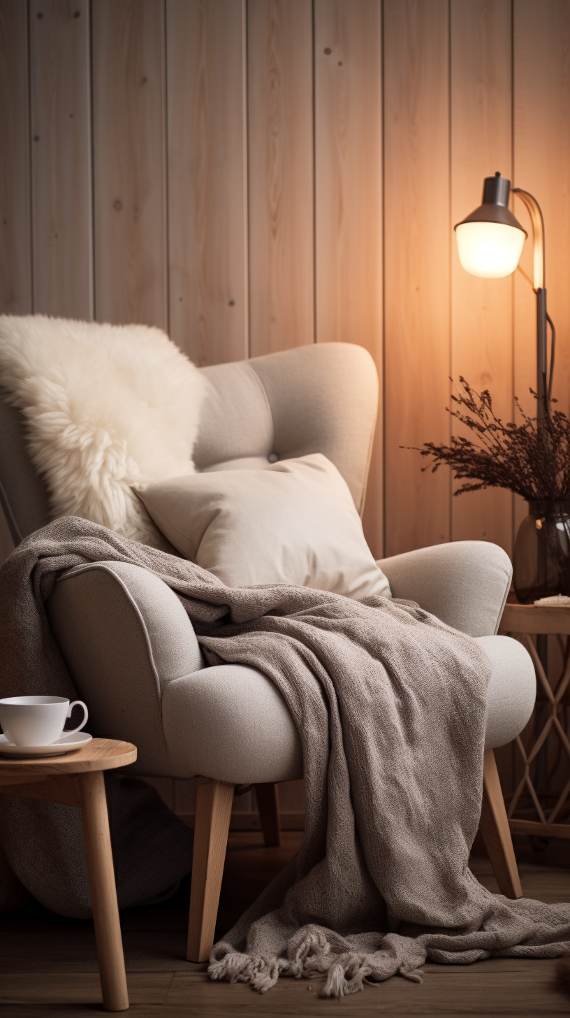 Cozy Scandinavian Style Room with Soft Chair and Blankets