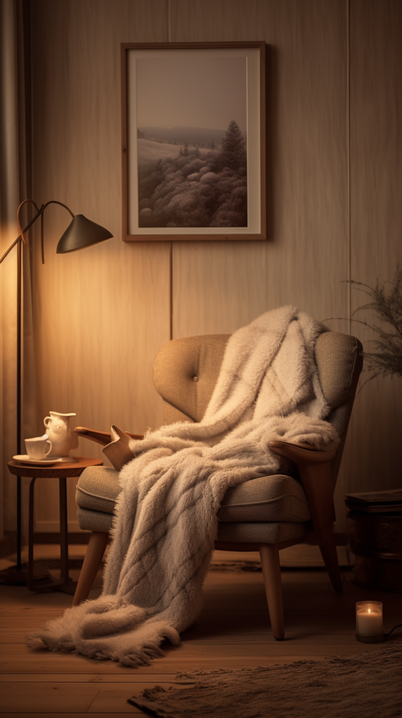 Cozy Scandinavian room with tapestry, chair, blankets, and light