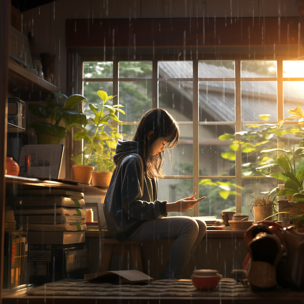 Cozy study room with rain and sunlight