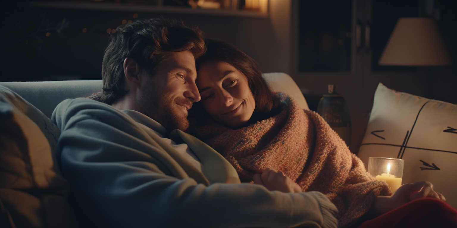 Couple snuggling on couch watching TV