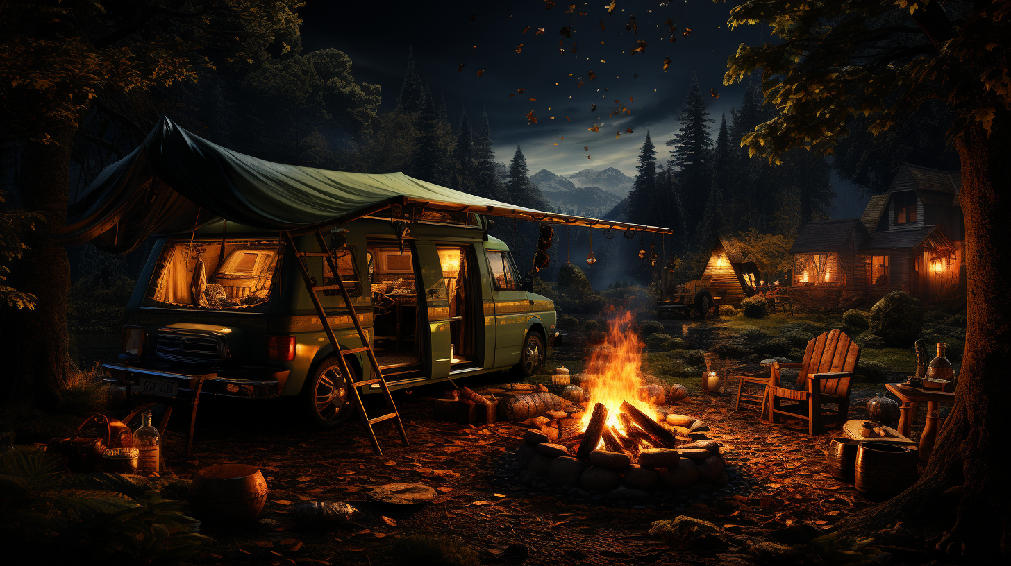 Cozy tent and campfire in night forest