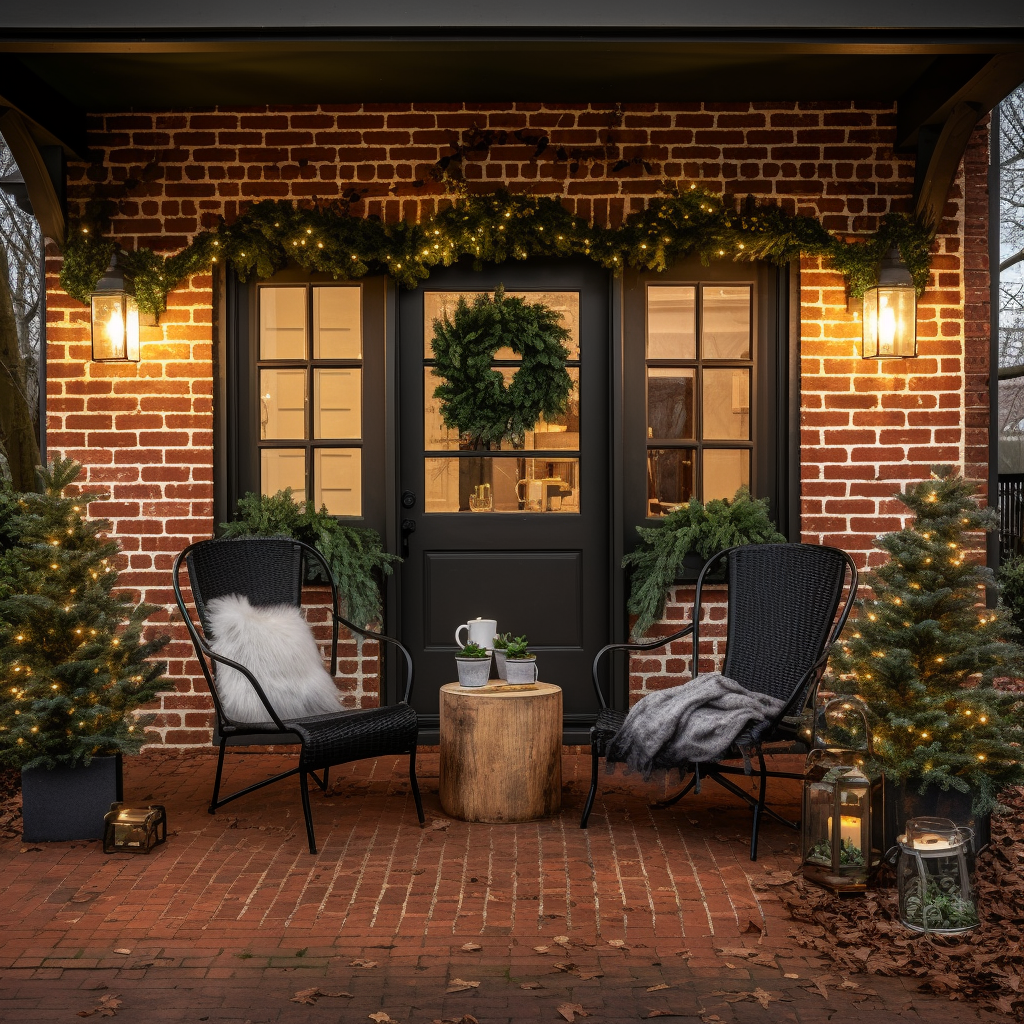 Cozy outdoor porch area with brick house