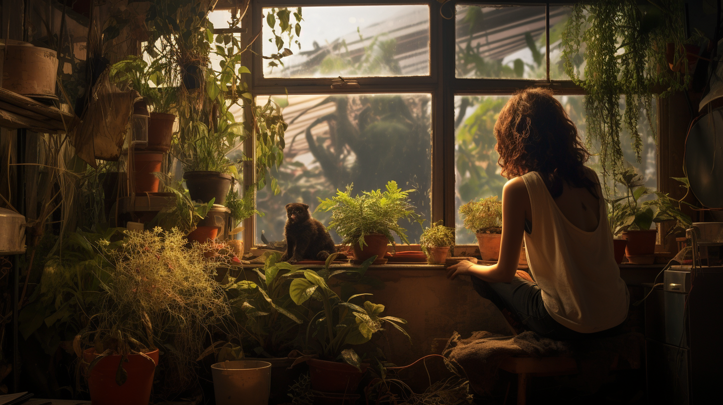 Woman tending to healthy plants in a cozy window