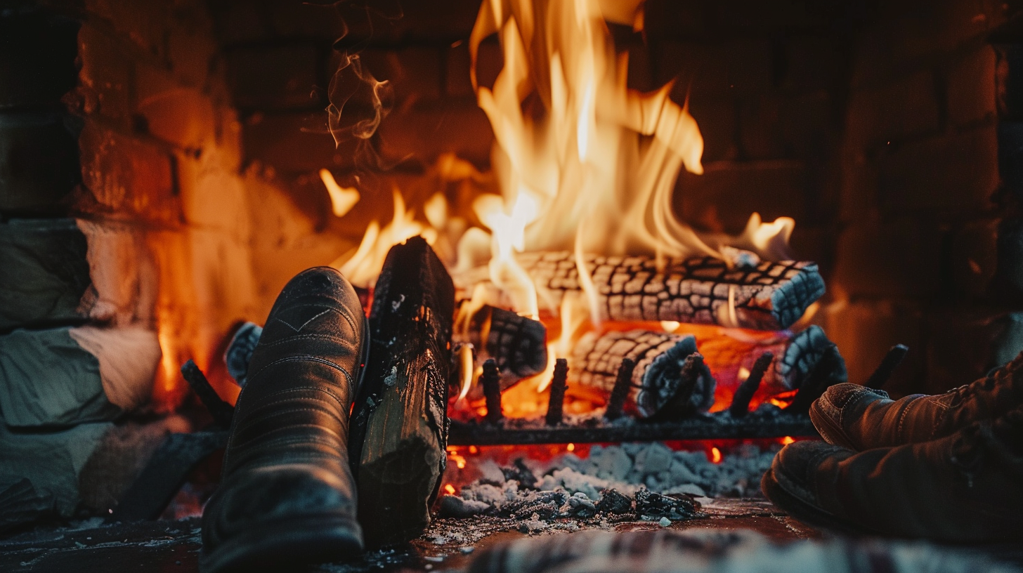 Cozy winter fireplace flames home