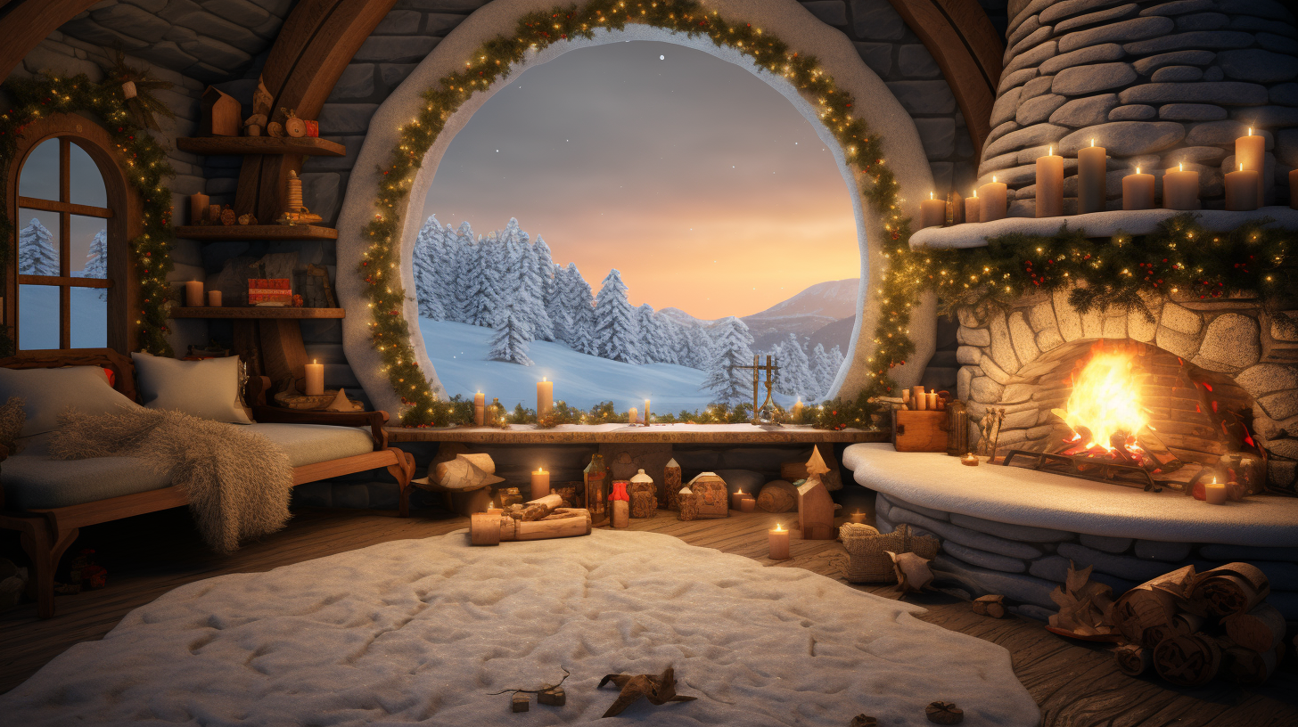 Charming winter hobbit cabin with cozy fireplace