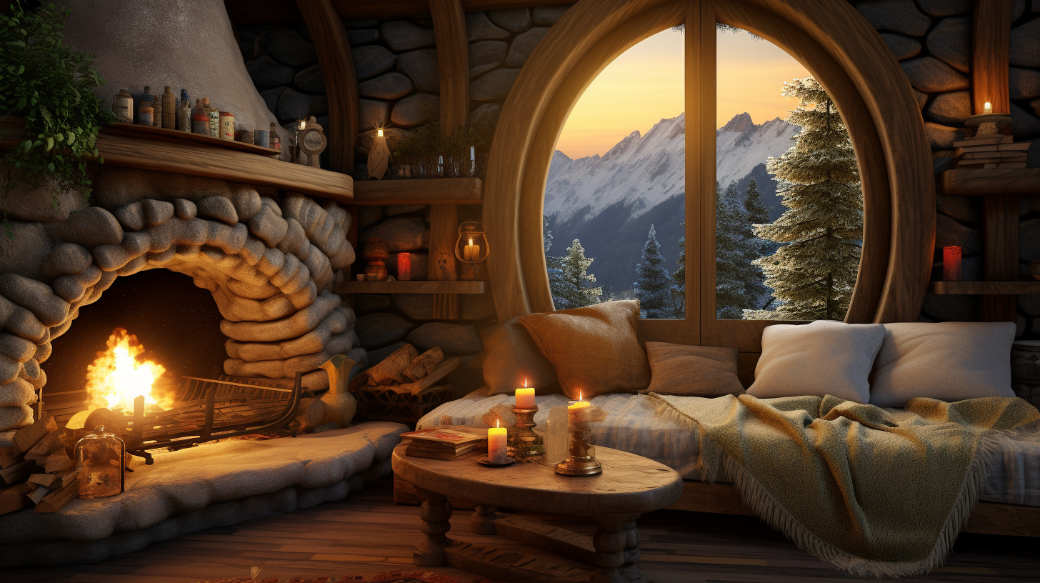 Hobbit cabin interior with fabric sofa and wooden stove