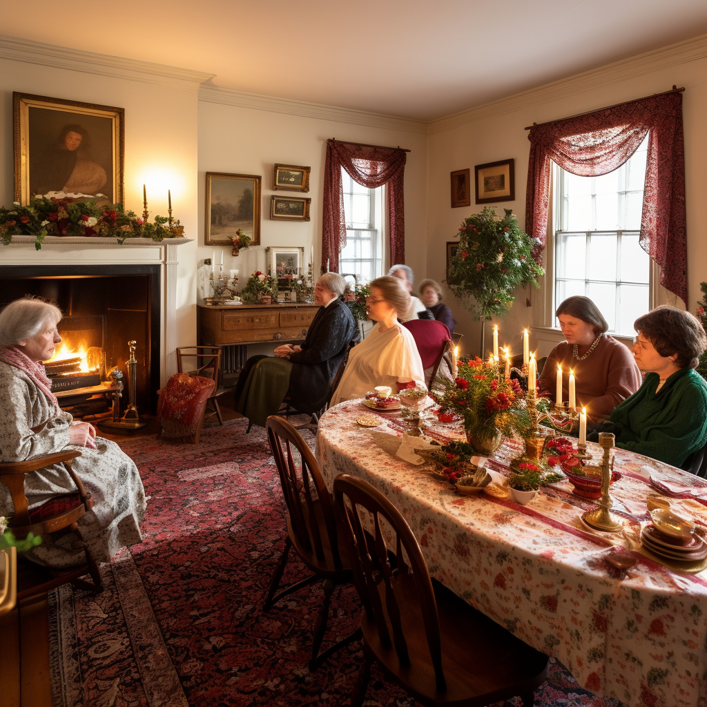 Sisters enjoying time together in cozy 1800s room