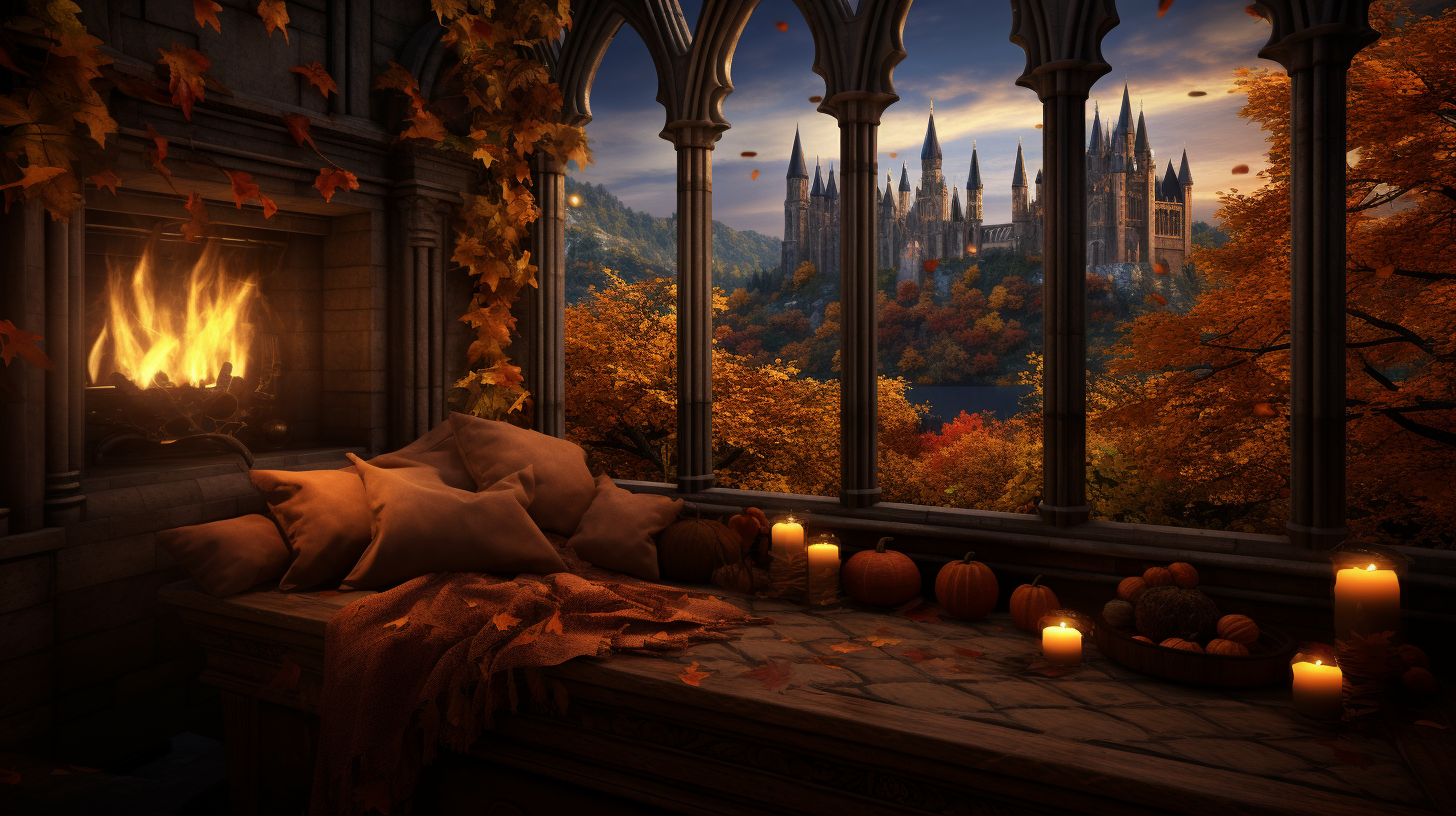 Cozy Hogwarts Reading Nook with autumn rain