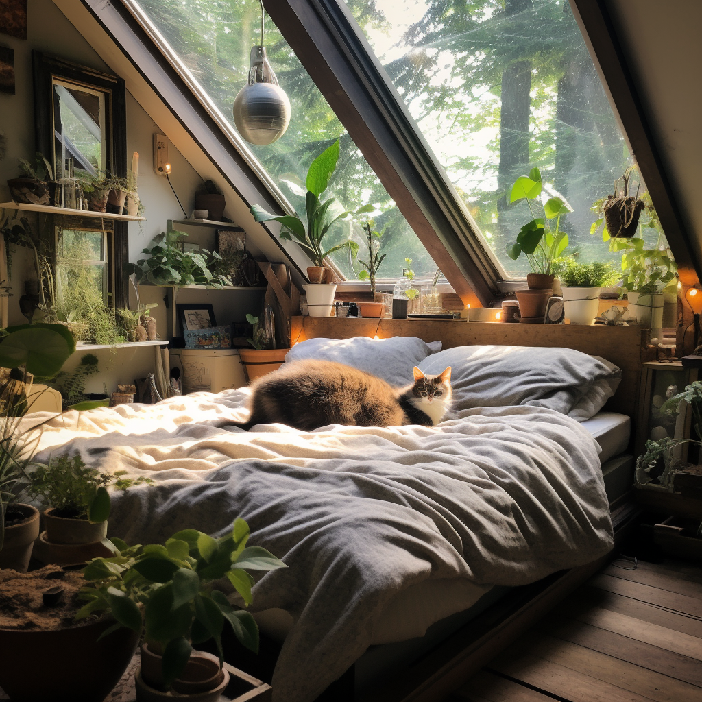 Cozy barn bedroom with natural light and plants