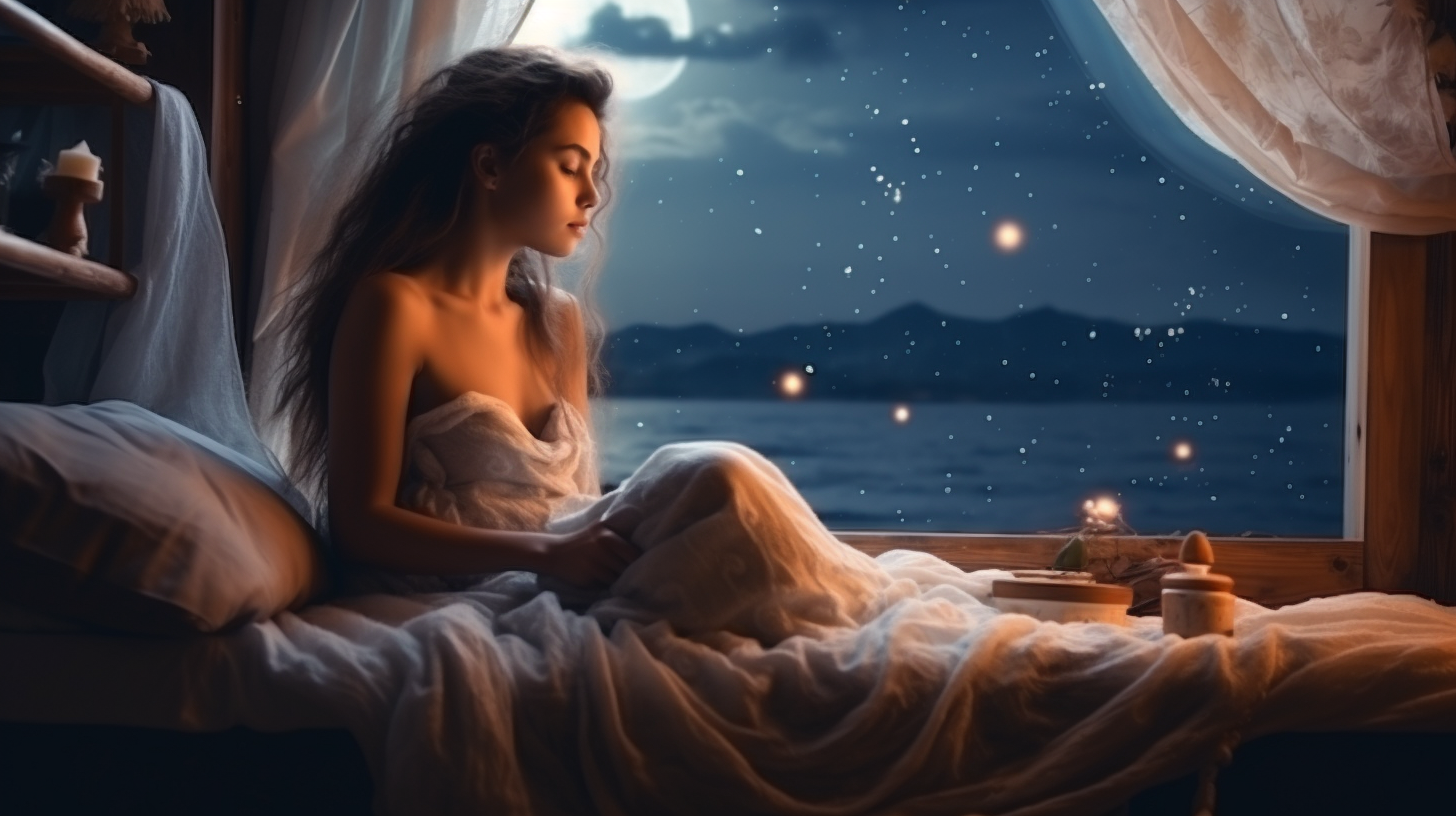 woman on bed with blanket on starry rainy night