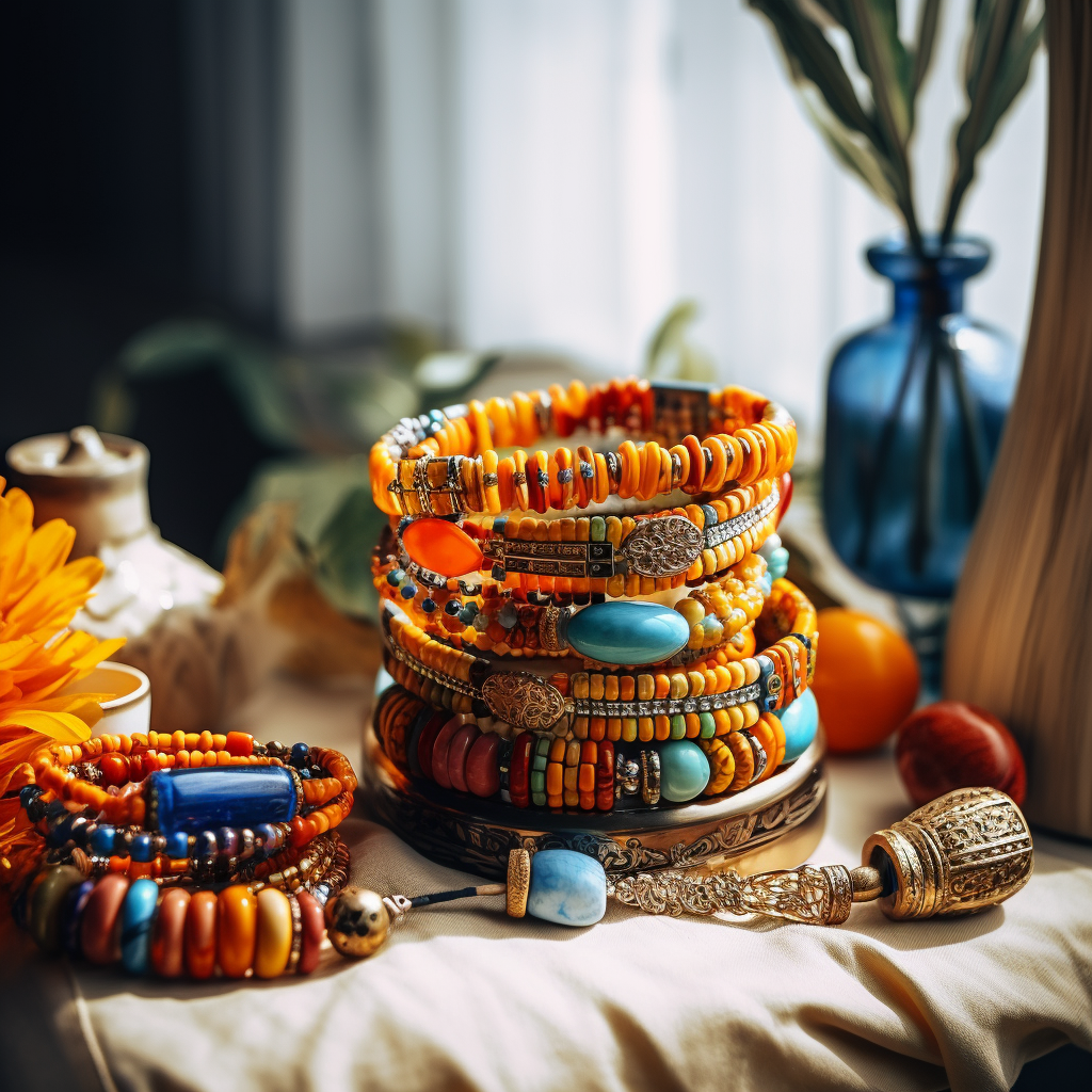 Colorful bracelets arranged on a table