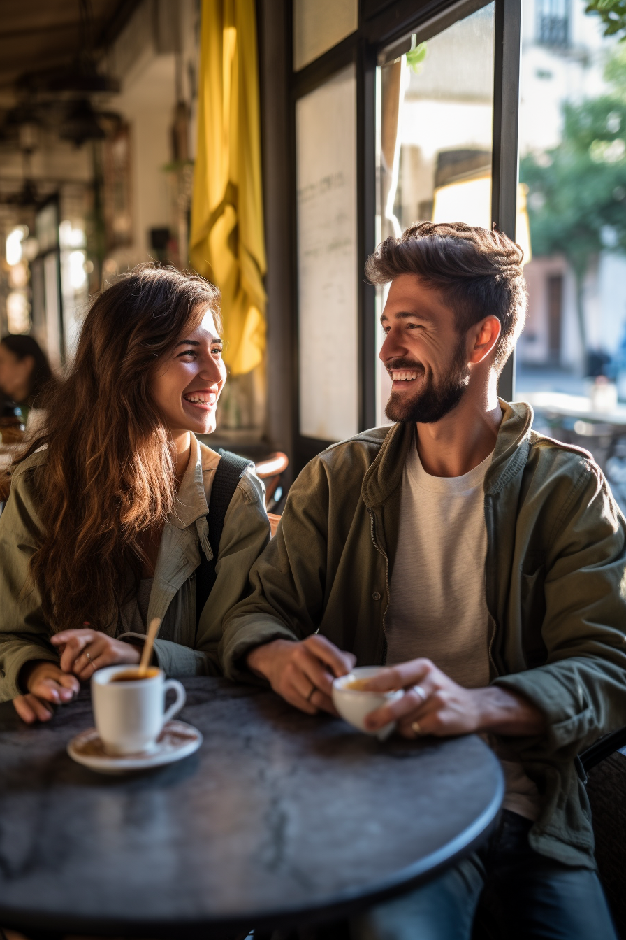 Smiling couple enjoying morning espresso in Rome