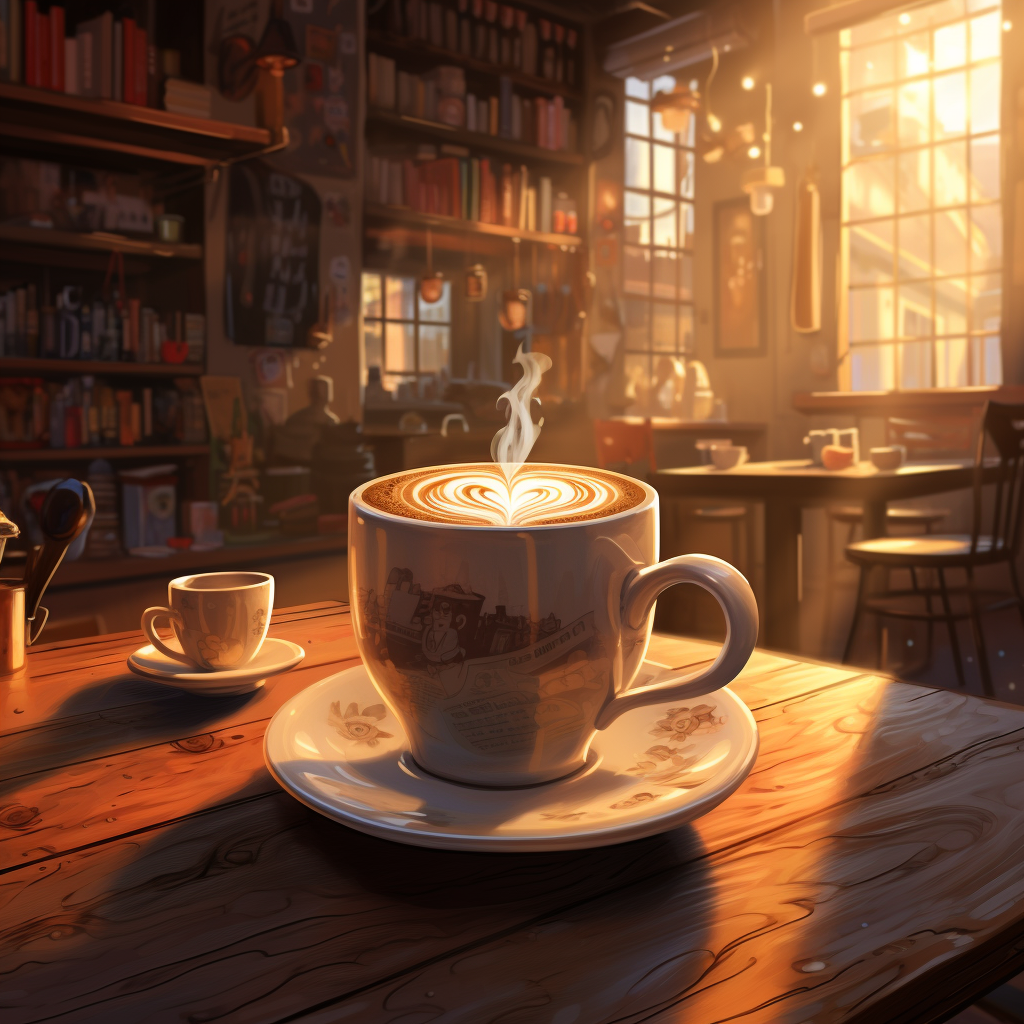 Cozy café scene with steaming cups and latte art