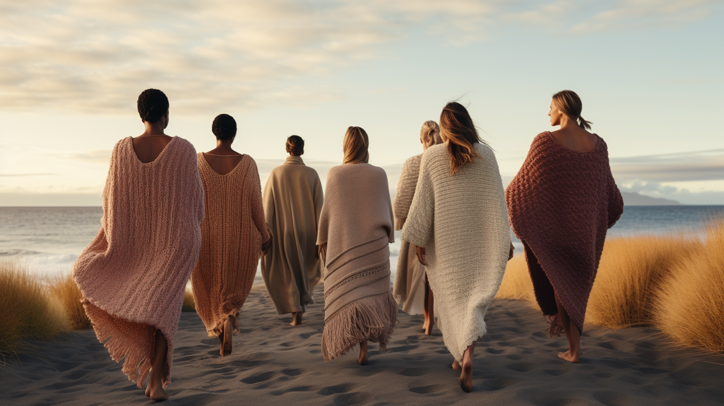 Women in cashmere loungewear walking on a beach at sunset