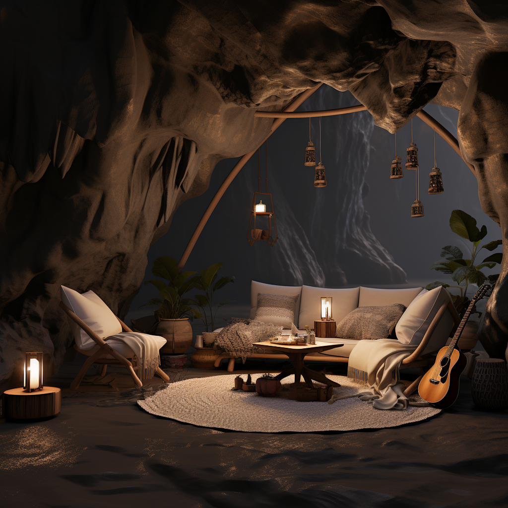 Cozy cave during rainstorm with burning firepit