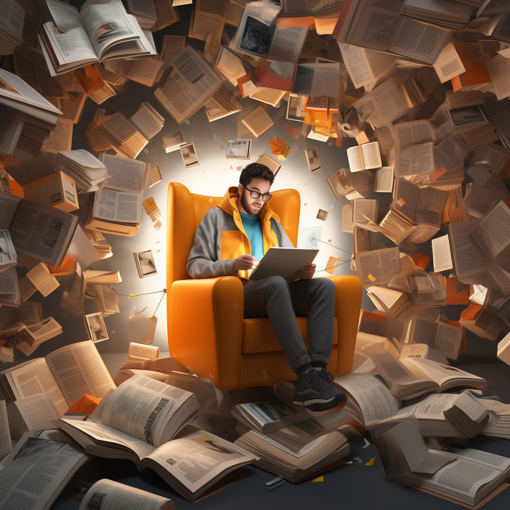 Person sitting in cozy chair flipping through books