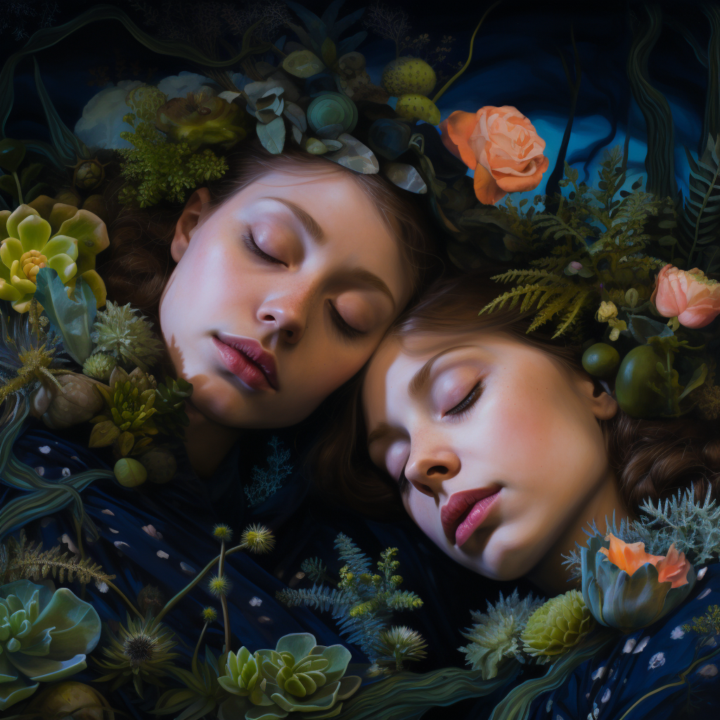 Two women sleeping peacefully with dreamy surroundings