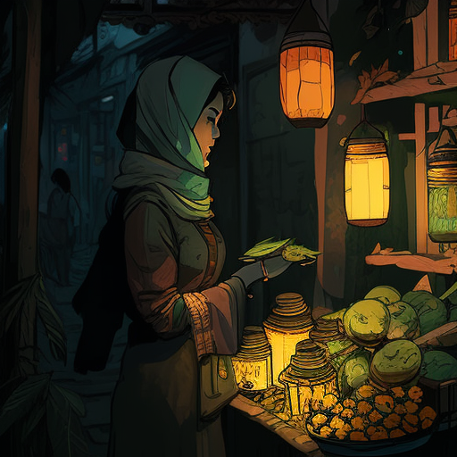 Woman Vendor with Fruits, Plants, Candels, and Lanterns