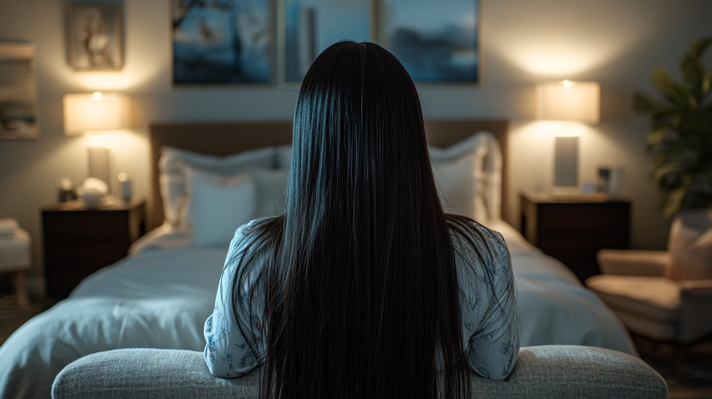 Hispanic woman in cozy bedroom