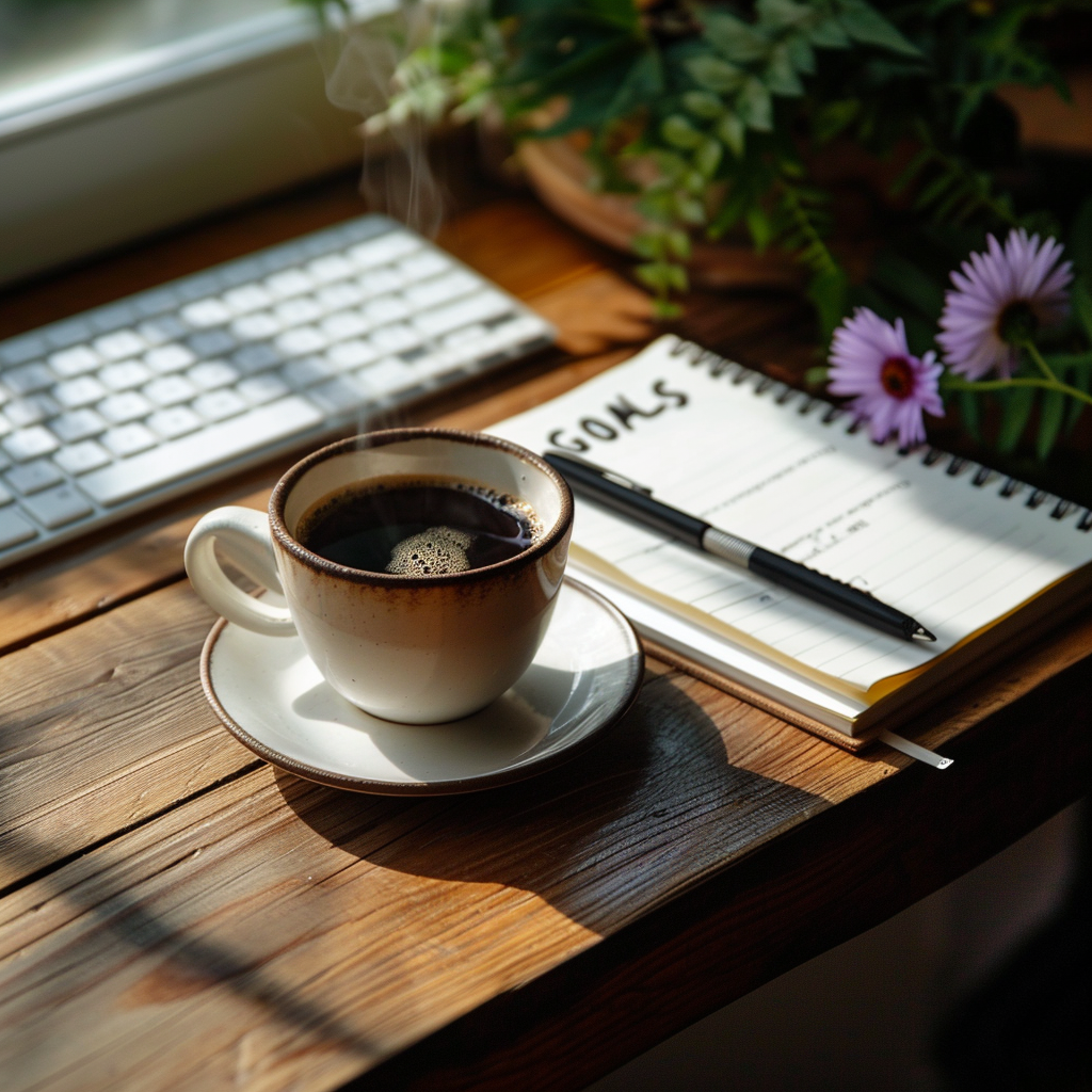 Cozy workspace with coffee, notepad, pen, keyboard, and plant